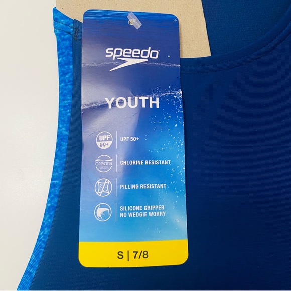 Speedo Swimsuit Girls’ Racerback One Piece UPF 50+ Dark Blue Neon Green, NWT. - Picture 4 of 4